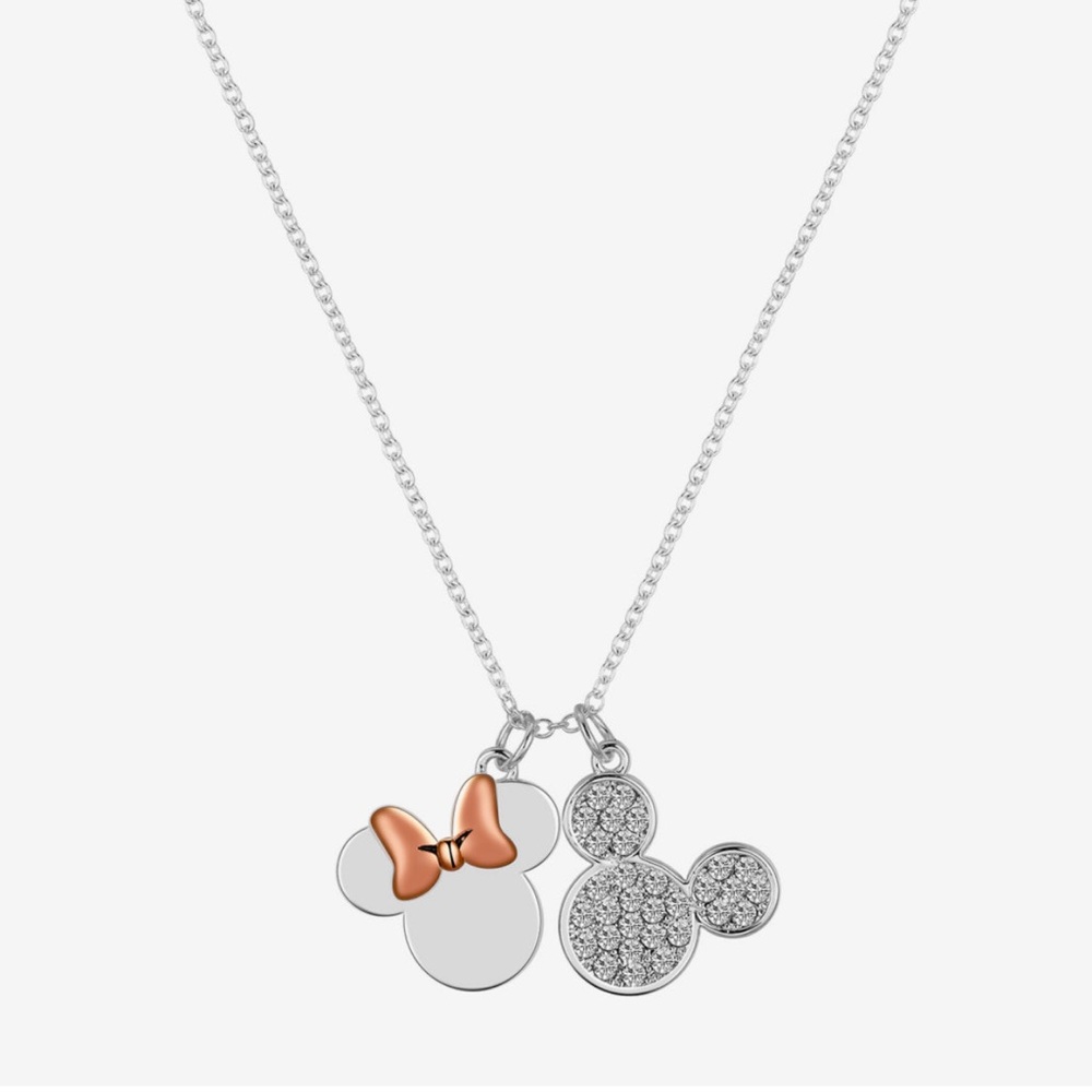 Disney Mickey & Minnie Mouse Charm Crystal Pure Silver 16 Inch Cable Necklace
